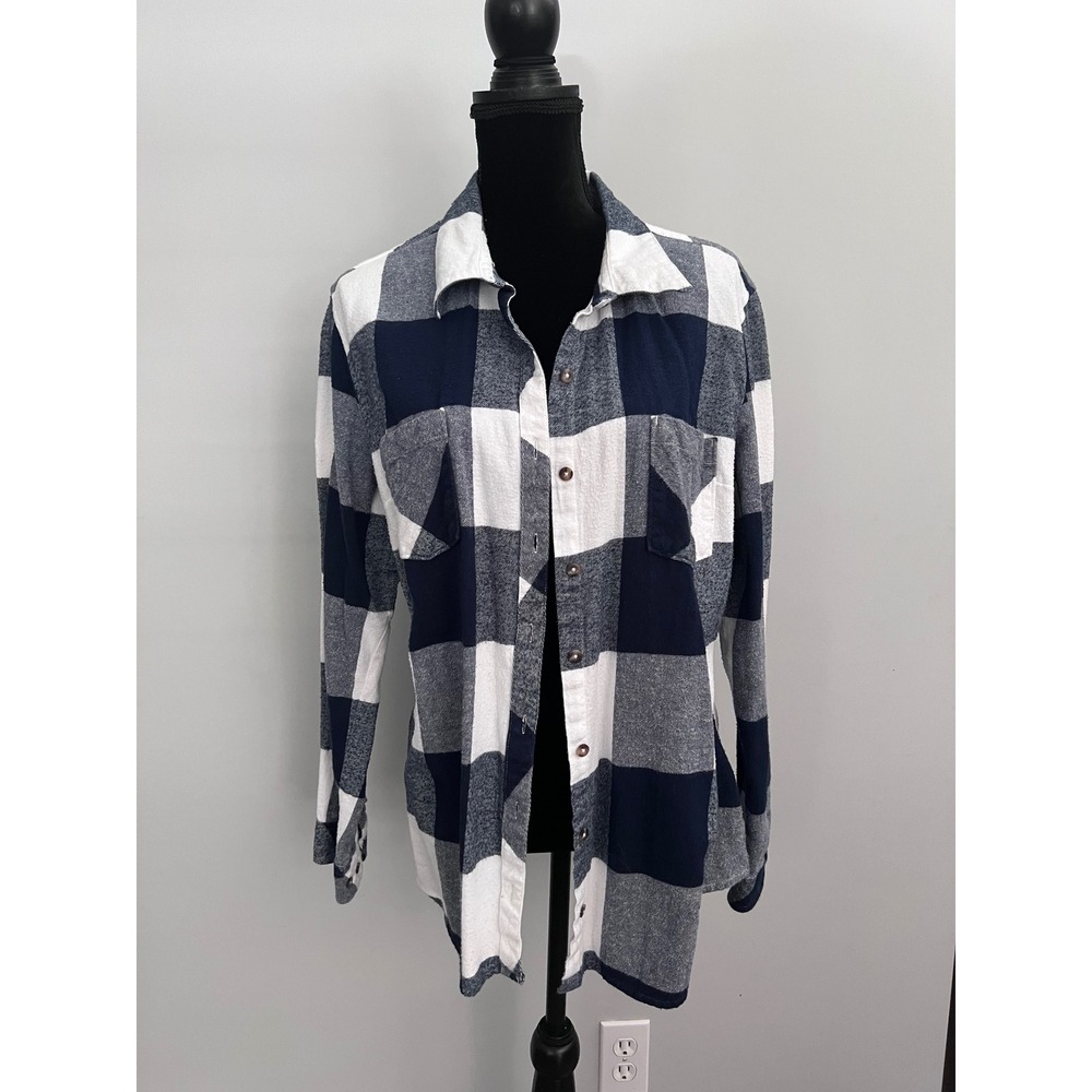 Natural Reflections Navy Blue White Buffalo Plaid Button Down Flannel Shirt 1X